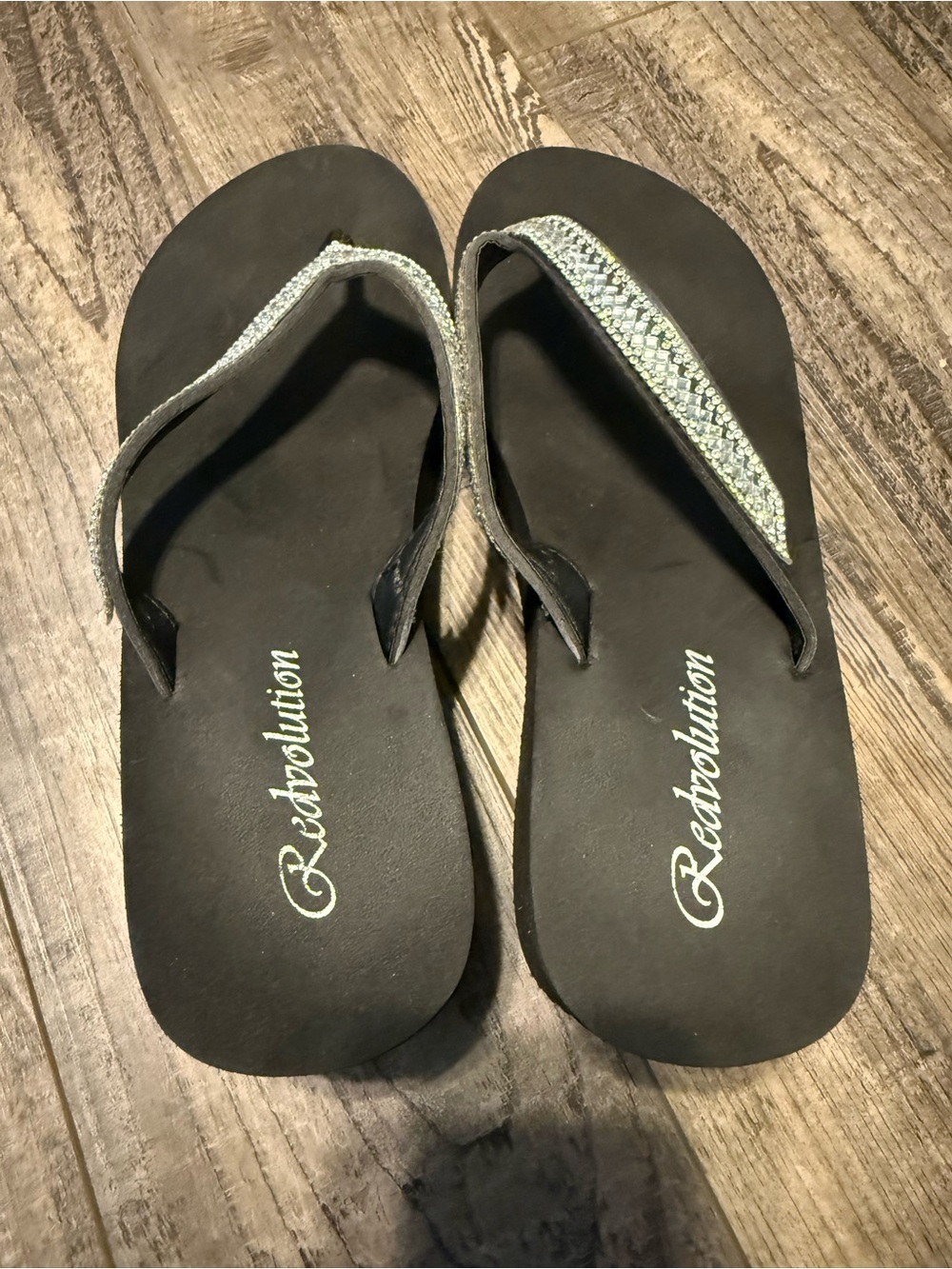 Revolution Black Flip Flops with Silver Sparkle Straps
